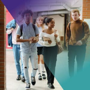 A diverse group of students walking in a school hallway, holding books and backpacks, engaging with each other. The image features a blend of natural and graphic design elements, with a soft gradient overlay.